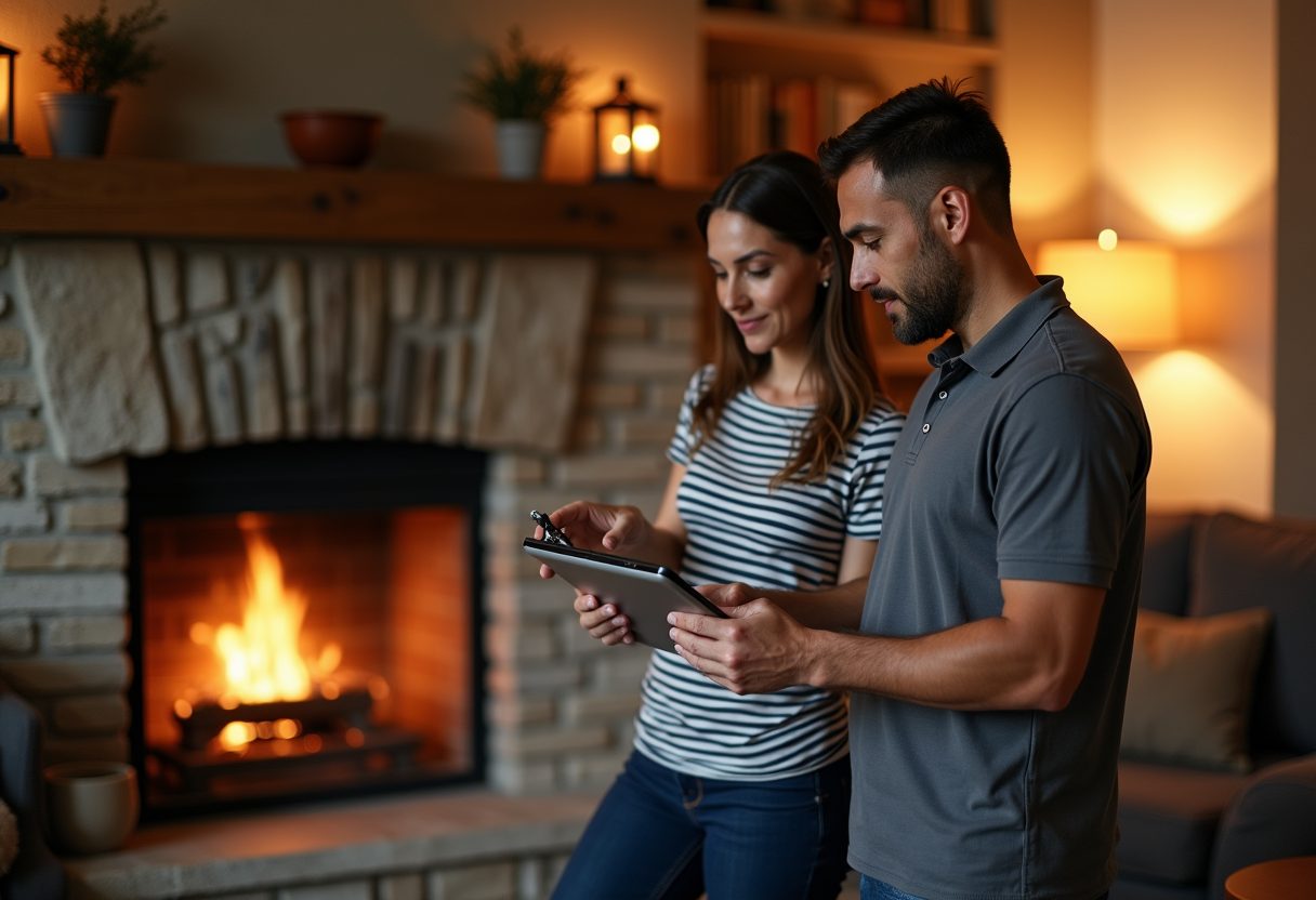 Technician showing a camera inspection beside a stone fireplace — Beltsville