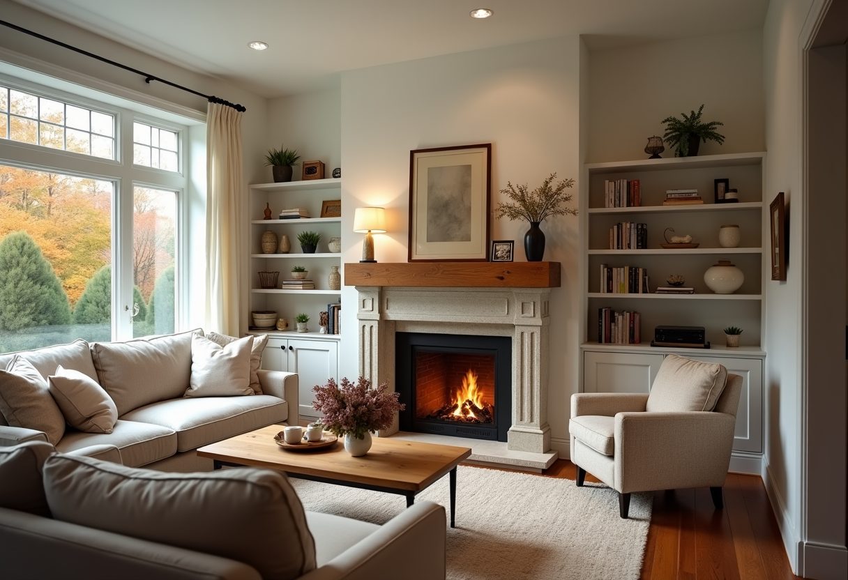 Lit stone fireplace in a bright living room — Beltsville